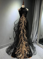 Black Halter Sequins Long Prom Dress With God Lace, Black Long Prom Dresses