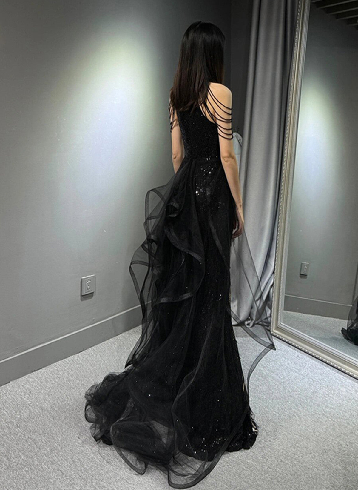 Black Halter Sequins Long Prom Dress With God Lace, Black Long Prom Dresses