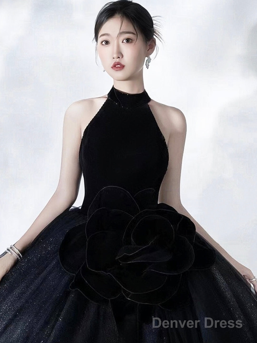 Black Halter Shiny Tulle Long Ball Gown, Black A-Line Backless Formal Dress Secondary image