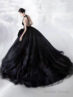 Black Halter Shiny Tulle Long Ball Gown, Black A-Line Backless Formal Dress