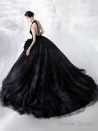 Black Halter Shiny Tulle Long Ball Gowns, Black A Line Backless Prom Dresses
