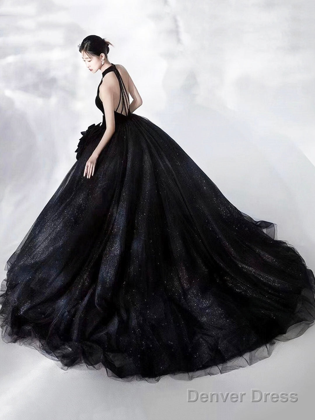 Black Halter Shiny Tulle Long Ball Gowns, Black A Line Backless Prom Dresses