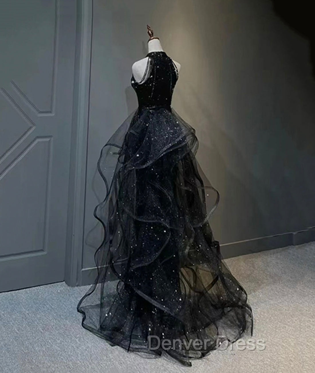 Black Halter Shiny Tulle Long Prom Dresses, Black Tulle Evening Dresses with Sequins Secondary image