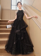 Black Halter Tulle Layers Long Formal Dress, Black Tulle Prom Dress