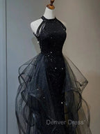 Black Halter Tulle Layers Long Prom Dresses with Sequins, Black Party Dresses