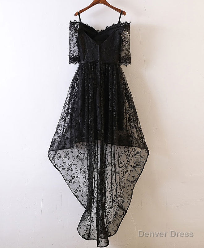 Black High Low Lace Prom Dress, Black Homecoming Dresses Main image