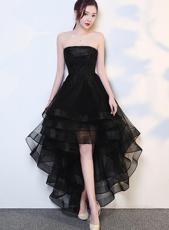 Black High Low Tulle And Applique Fashion Homecoming Dress, Black Prom Dress, Tulle Prom Dresses