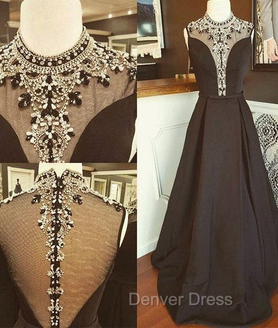 Black High Neck Sequin Long Prom Dresses, Black Evening Dresses