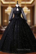 Black High Neckline Long Sleeves Tulle Sweet 16 Dress, Black Ball Gowns Prom Dresses