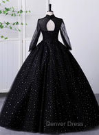 Black High Neckline Long Sleeves Tulle Sweet 16 Dresses, Black Ball Gown Formal Dresses