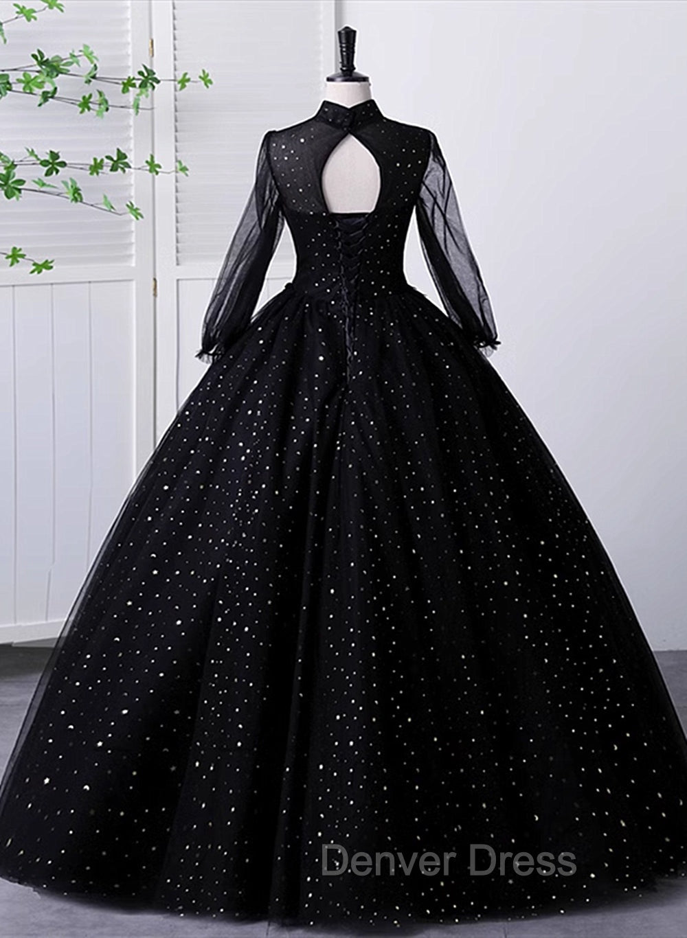 Black High Neckline Long Sleeves Tulle Sweet 16 Dresses, Black Ball Gown Formal Dresses