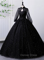 Black High Neckline Long Sleeves Tulle Sweet 16 Dresses, Black Ball Gown Formal Dresses