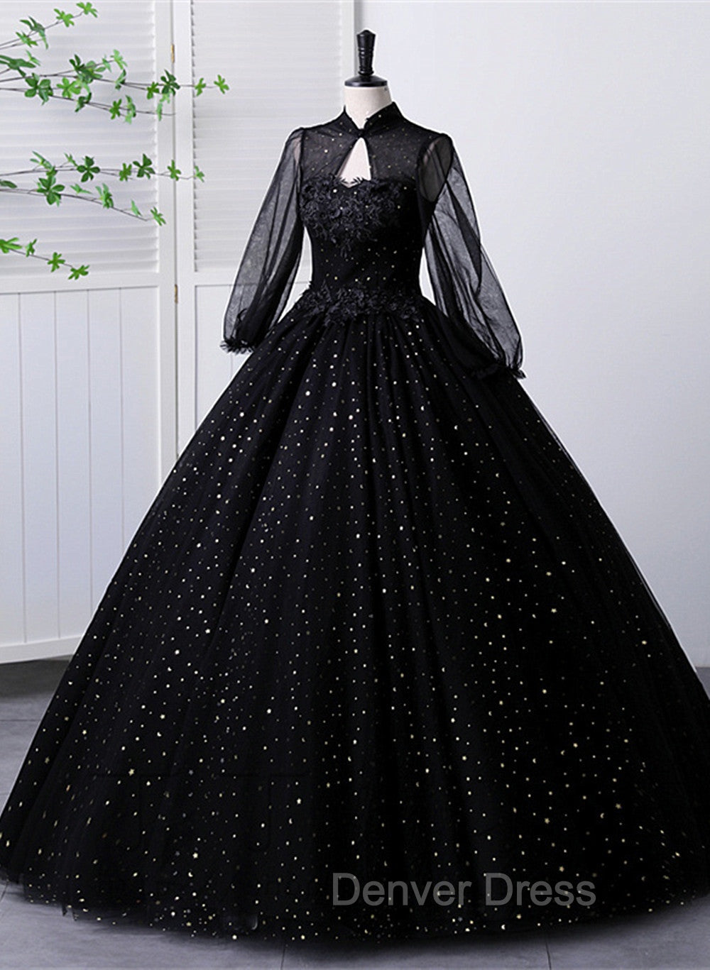 Black High Neckline Long Sleeves Tulle Sweet 16 Dresses, Black Ball Gown Formal Dresses