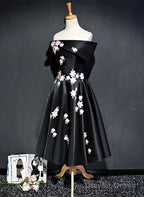 Black Knee Length Satin With Flowers Party Dress, Black Short Prom Dress Homecoming Dress