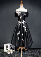 Black Knee Length Satin With Flowers Party Dress, Black Short Prom Dress Homecoming Dress