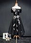 Black Knee Length Satin With Flowers Party Dress, Black Short Prom Dress Homecoming Dress