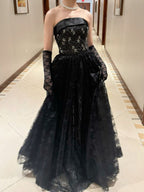 Black Lace A-Line Strapless Beaded Long Prom Dress, Black Floor Length Prom Dresses