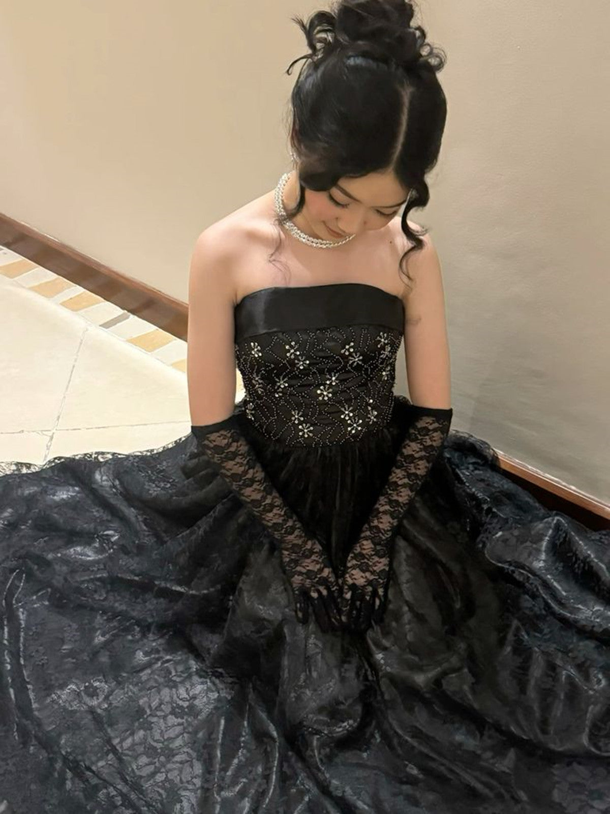 Black Lace A-Line Strapless Beaded Long Prom Dress, Black Floor Length Prom Dresses