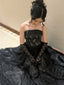 Black Lace A-Line Strapless Beaded Long Prom Dress, Black Floor Length Prom Dresses