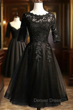 Black Lace and Tulle Short Sleeves Prom Dress Prom Dress, Black Homecoming Dresses