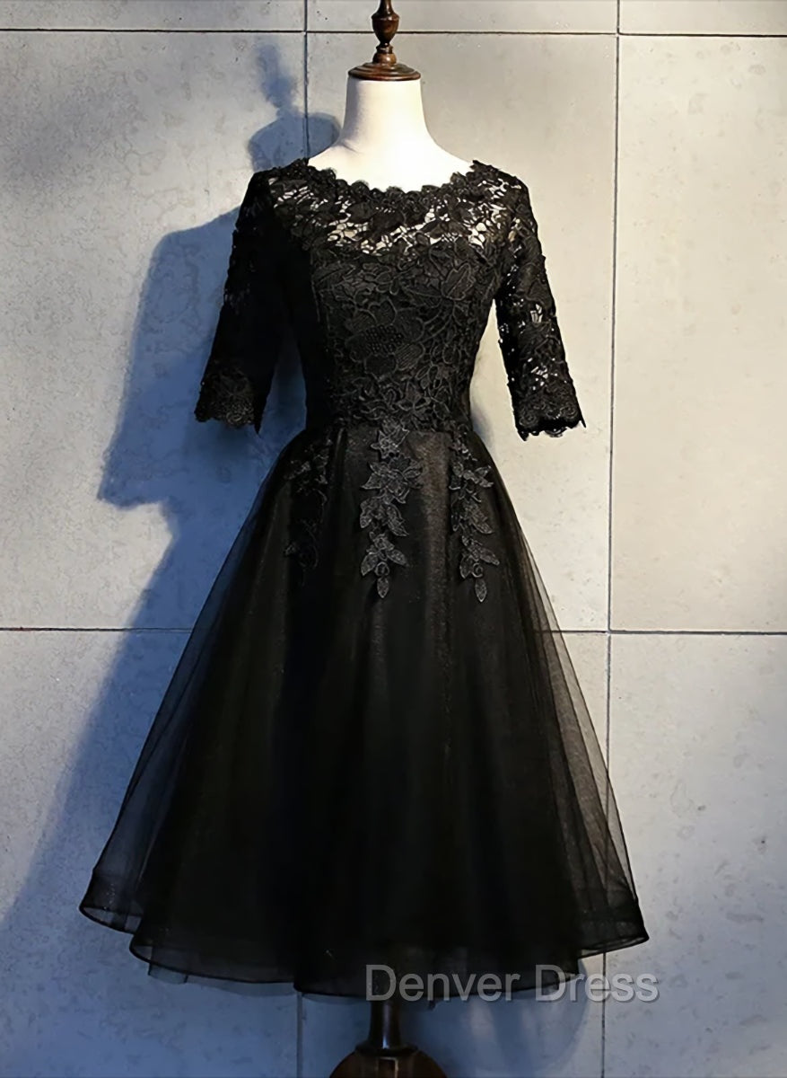 Black Lace and Tulle Short Sleeves Party Dresses Formal Dresses, Black Homecoming Dresses Main image