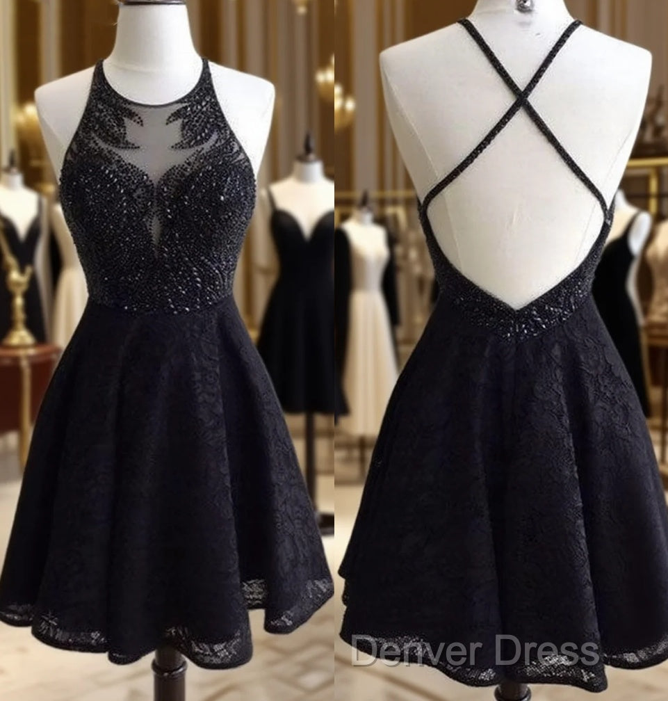 Black Lace Beaded Short Prom Dresses, Cute Black Homecoming Dresses