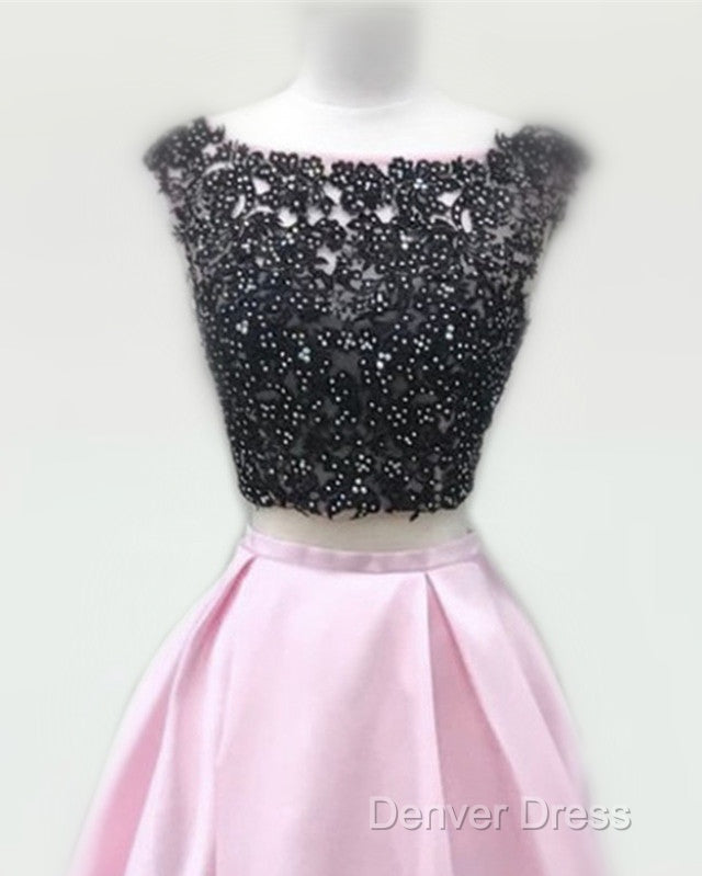Black Lace Beaded Two Piece Satin Prom Dresses