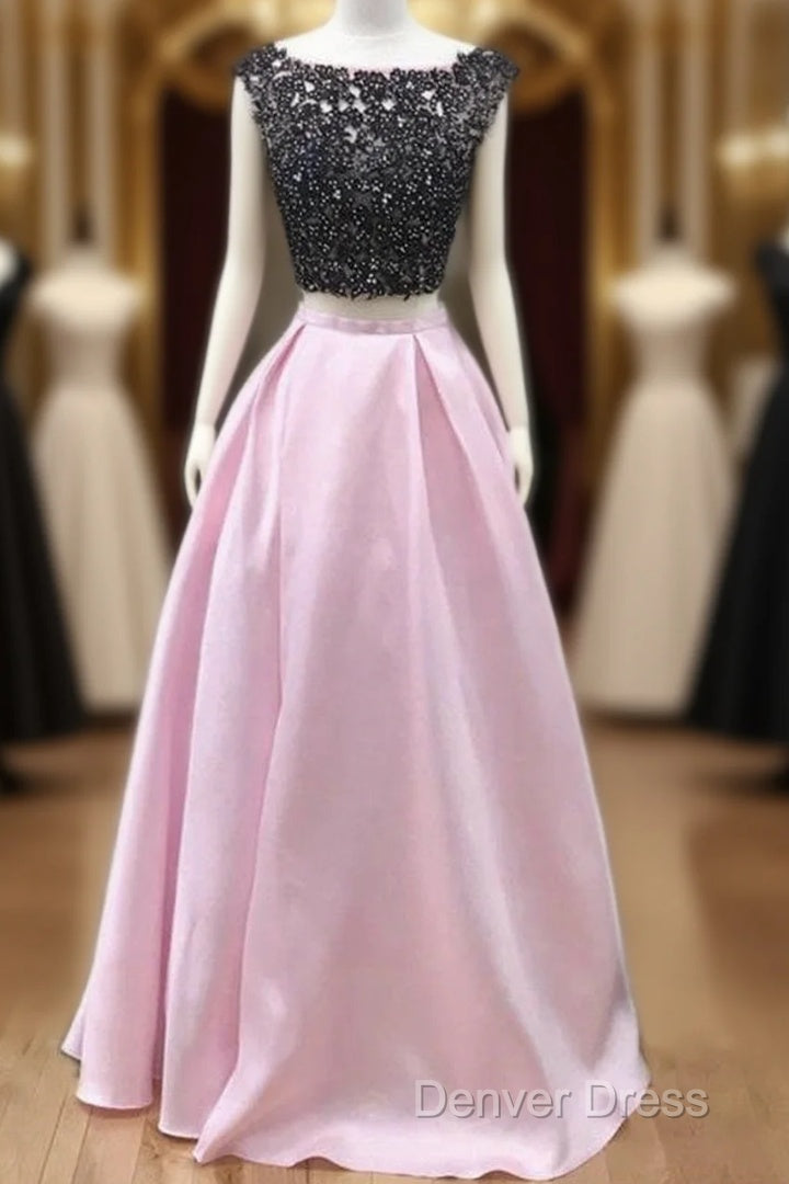 Black Lace Beaded Two Piece Satin Prom Dresses