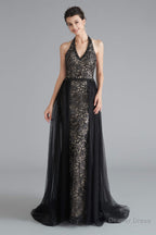 Black Lace Halter Prom Dresses with Tulle Overskirt
