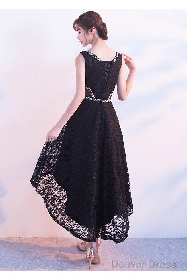Black Lace High Low Beaded Short Prom Dress, Black Homecoming Dress Prom Dresses