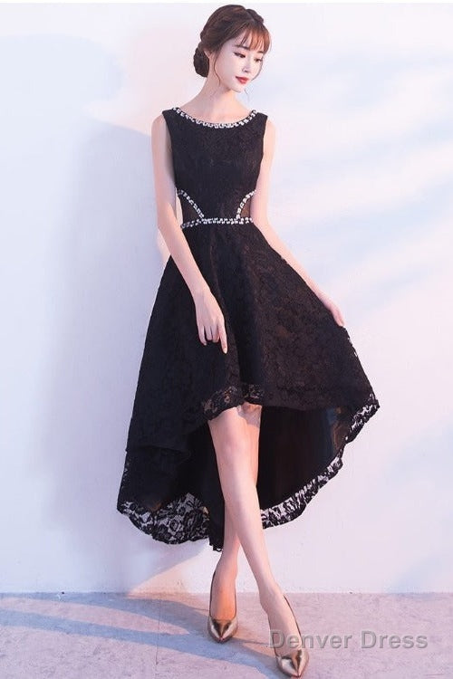 Black Lace High Low Beaded Short Party Dress, Black Homecoming Dress Prom Dress Main image