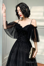Black Lace Long A-Line Prom Dress, Black Off The Shoulder Evening Dress