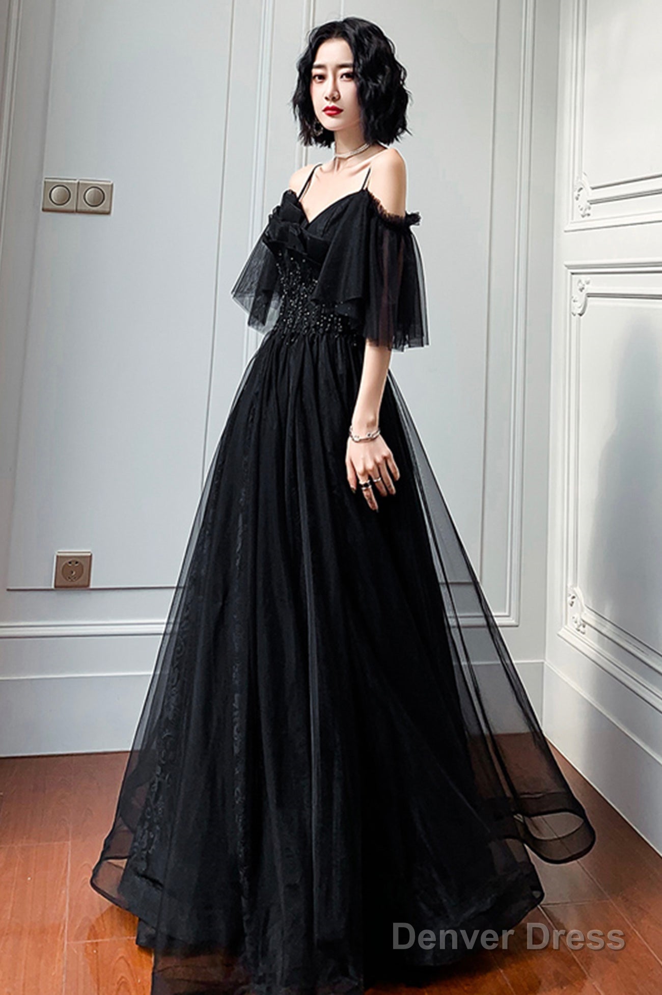 Black Lace Long A-Line Prom Dress, Black Off The Shoulder Evening Dress