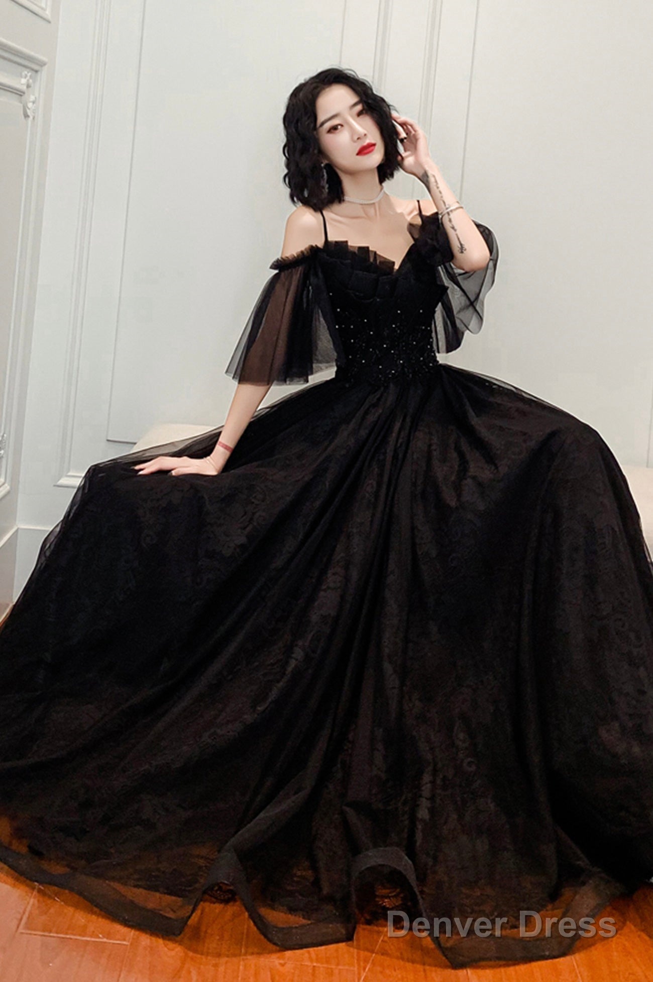 Black Lace Long A-Line Prom Dress, Black Off The Shoulder Evening Dress
