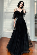 Black Lace Long A-Line Prom Dress, Black Off The Shoulder Evening Dress