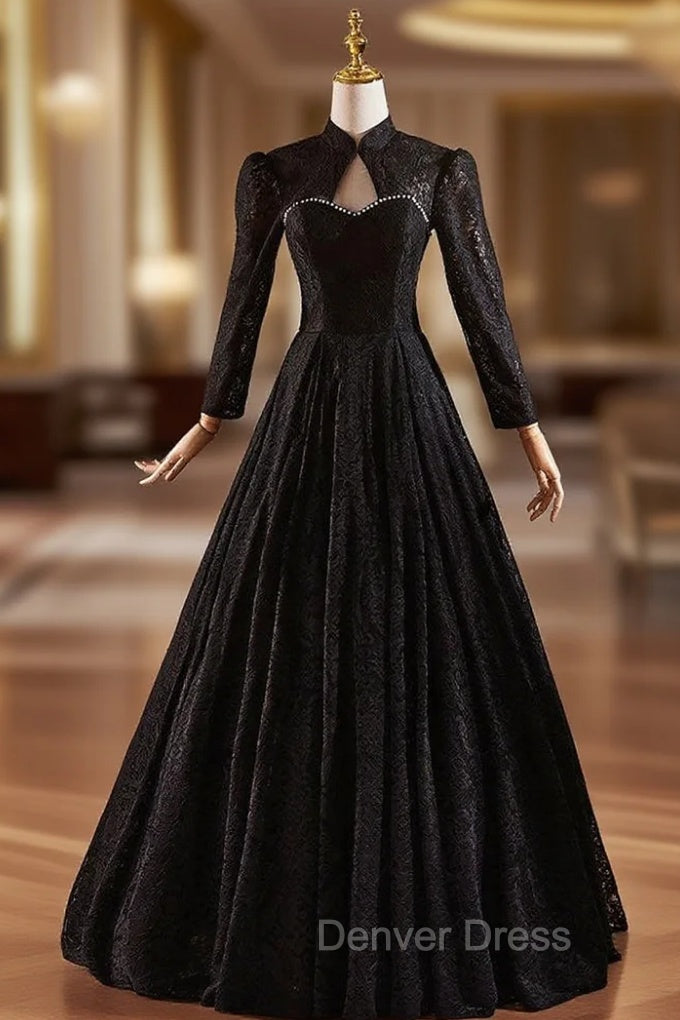 Black Lace Long Sleeve Backless Prom Dresses Main image