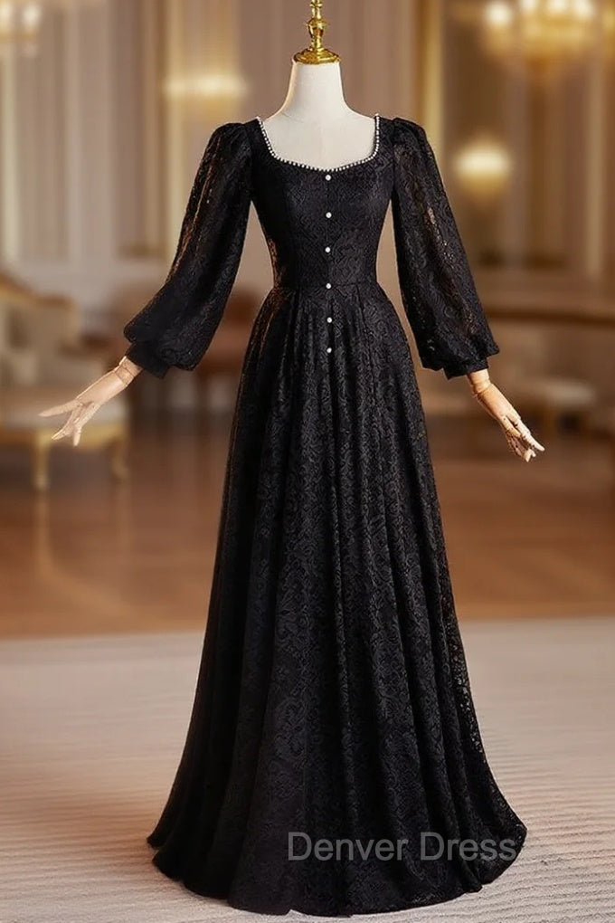 Black Lace Long Sleeve Square Neck Pearls Prom Dresses Main image