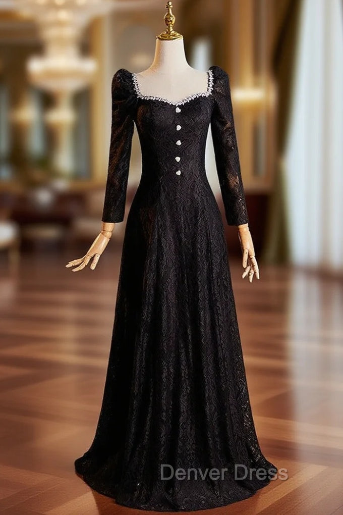 Black Lace Long Sleeve Square Neck Prom Dresses Main image