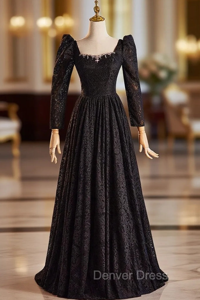 Black Lace Long Sleeve Square Prom Dresses Main image