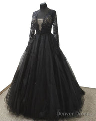 Black Lace Long Sleeve Tulle Wedding Dress