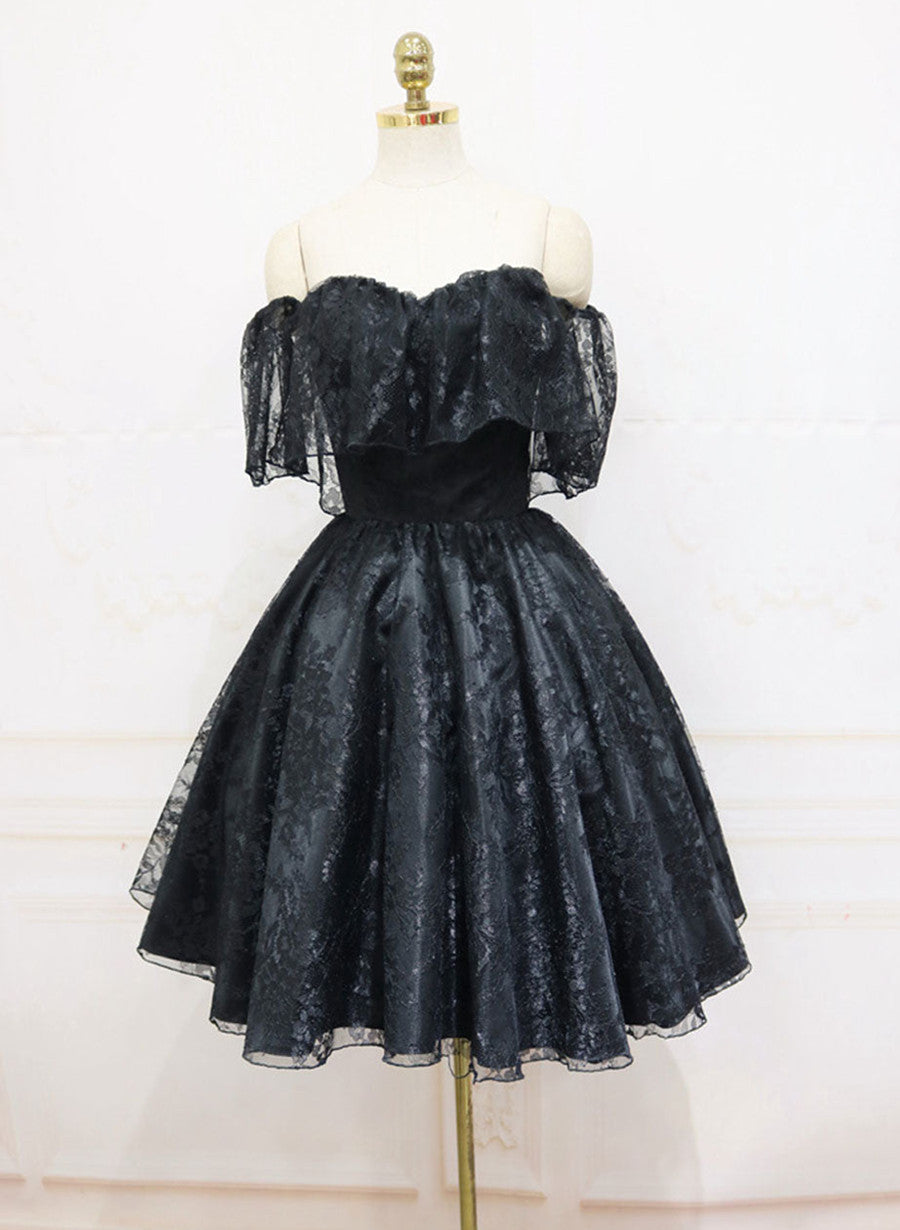 Black Lace Off Shoulder Homecoming Dress, Black Short Prom Dresses
