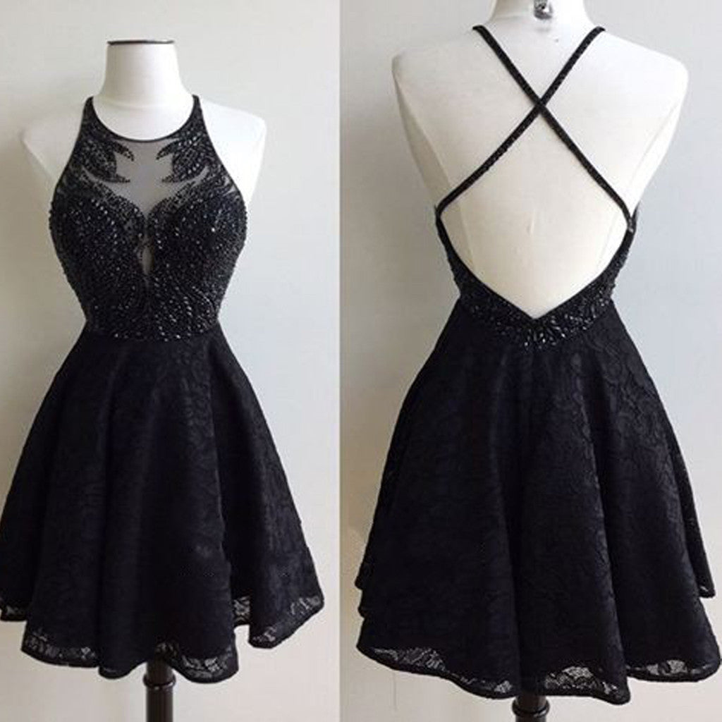 Black Lace Open Back Beaded Sexy Party homecoming prom dresses Main image