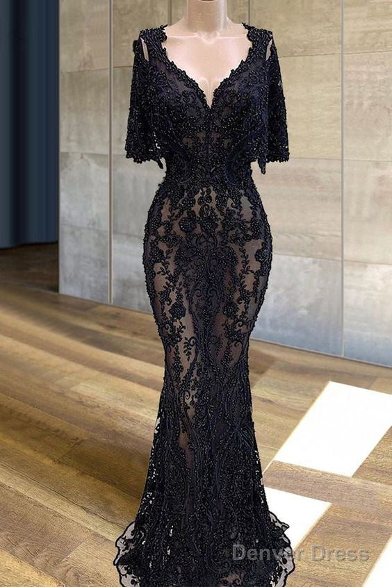Black Lace Prom Dresses Mermaid Illusion Beading Cocktail Dresses Main image