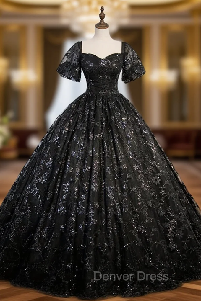Black Lace Sequins Puff Sleeve Quinceanera Dresses