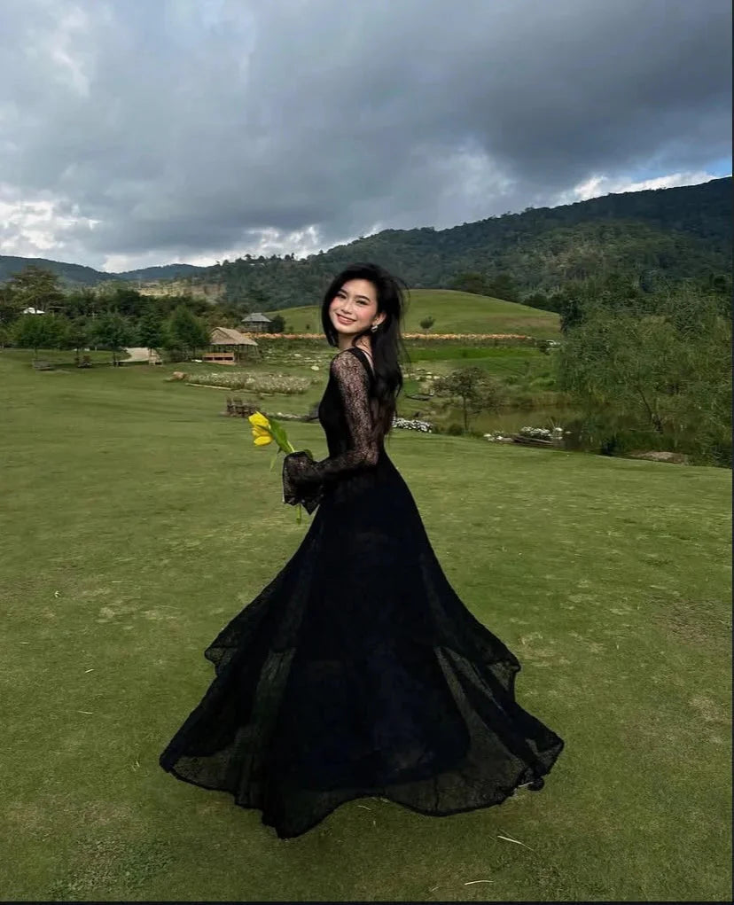 Black Lace Sexy A Line Long Sleeve Prom Dress Prom Gowns