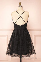 Black Lace Straps A-Line Short Party Dresses Lace Homecoming Dresses