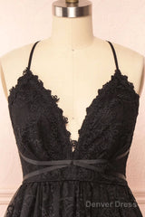 Black Lace Straps A-Line Short Party Dress Lace Homecoming Dresses