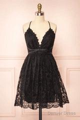 Black Lace Straps A-Line Short Party Dress Lace Homecoming Dresses