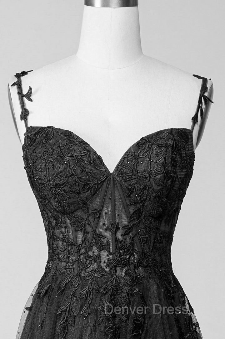 Black Lace Straps Beaded A Line Prom Dress Prom Dress, Black Floor Length Prom Dresses Secondary image