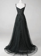 Black Lace Straps Beaded A-line Prom Dresses Party Dresses, Black Floor Length Formal Dresses